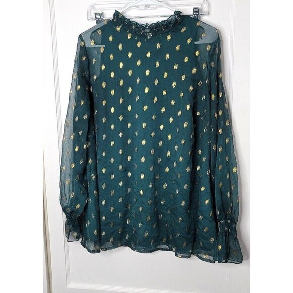 Lane Bryant Womens sz 16 Green and gold long sleeve shirt keyhole gauze rutched - Picture 1 of 14